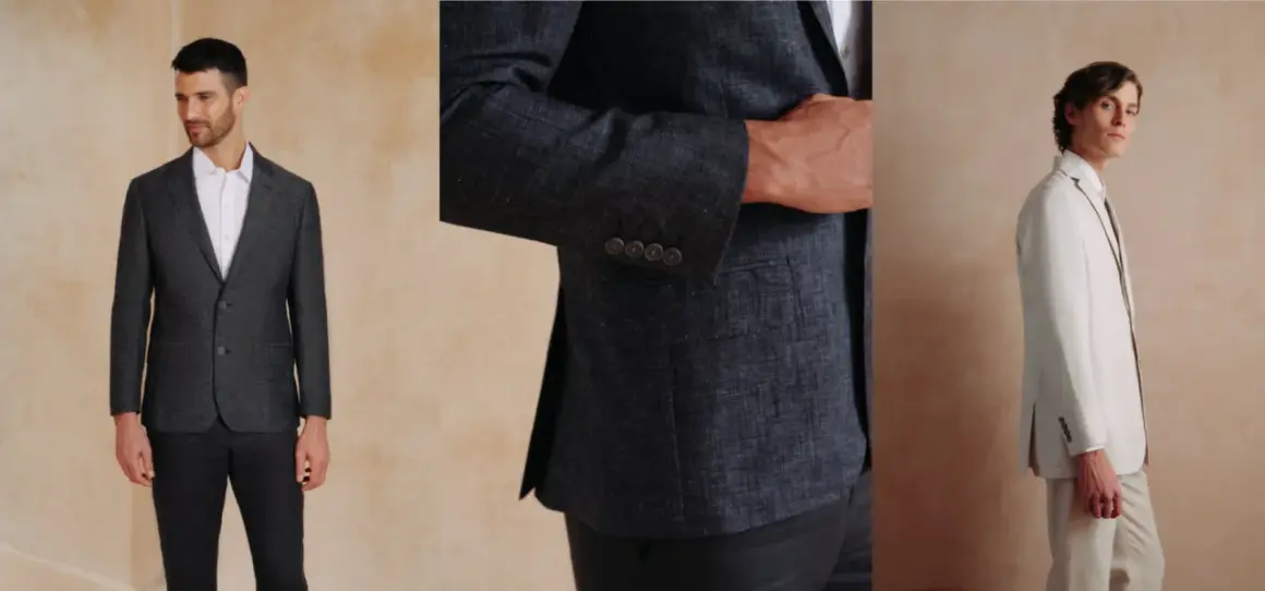 Tres hombres con trajes de lino, ideal para saber como ir a un bautizo informal hombre verano.