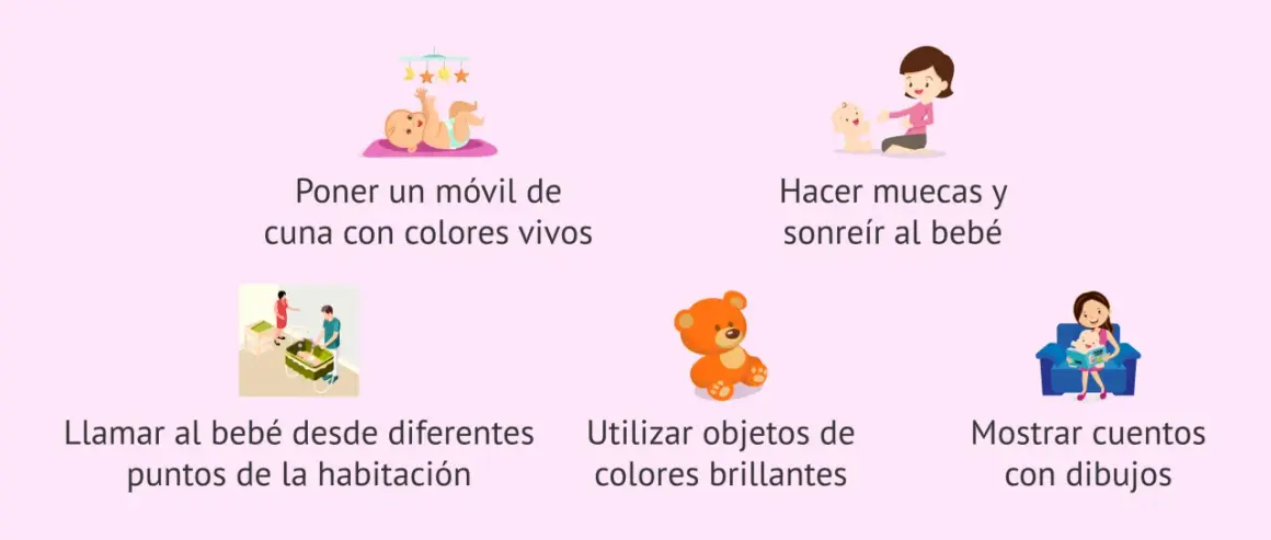 Ideas para estimular a un bebé cuando empieza a ver: móvil de cuna, sonrisas, objetos brillantes, cuentos.
