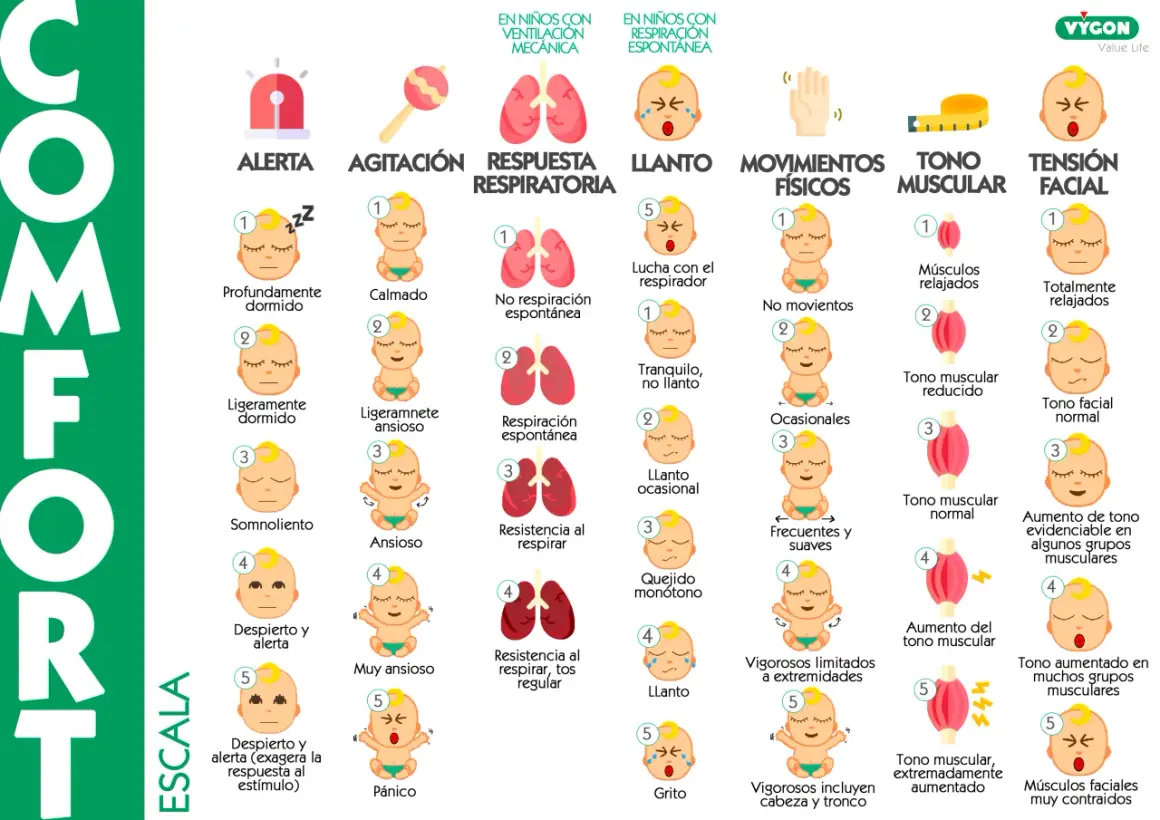 Escala COMFORT: alerta, agitación, respuesta respiratoria, llanto, movimientos, tono muscular, tensión facial. Incluye descripciones de bebés, desde calmos hasta en pánico, como si fueran cacas de bebé.