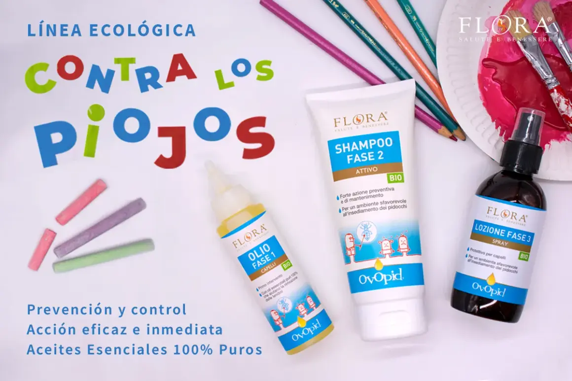 Línea ecológica para el tratamiento piojos niños: shampoo, aceite y spray. Prevención y control eficaz con aceites esenciales 100% puros.