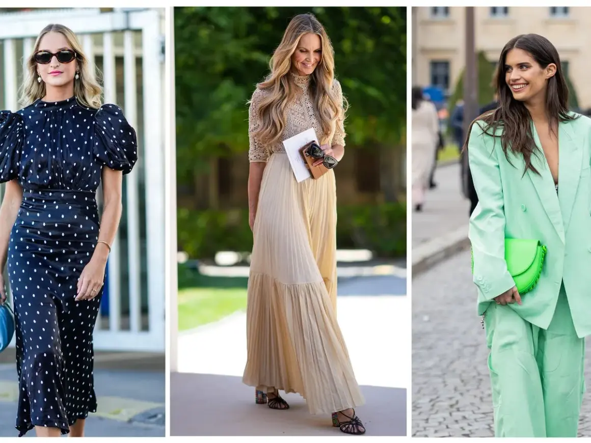 Tres mujeres lucen elegantes: un vestido de lunares, un traje verde menta y un vestido largo beige. Ideas para un outfit bautizo.