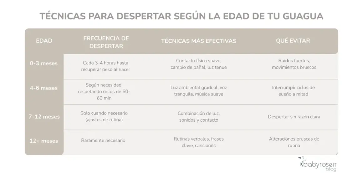 Guía sobre como despertar a un bebe según su edad. Incluye técnicas efectivas y qué evitar para cada etapa, desde recién nacidos hasta más de 12 meses.
