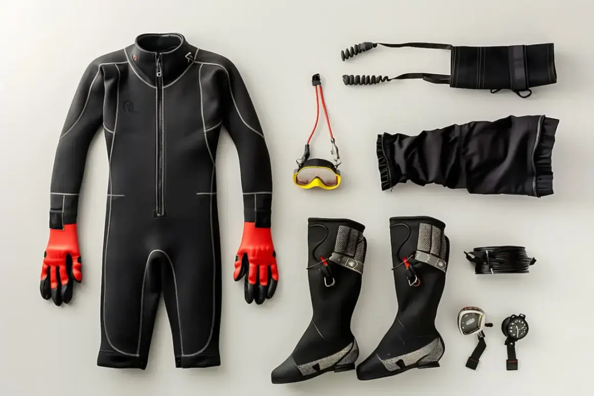 Traje de buceo de neopreno negro con guantes rojos, máscara, botas y accesorios. El neopreno es un material sintético ideal para proteger del frío.