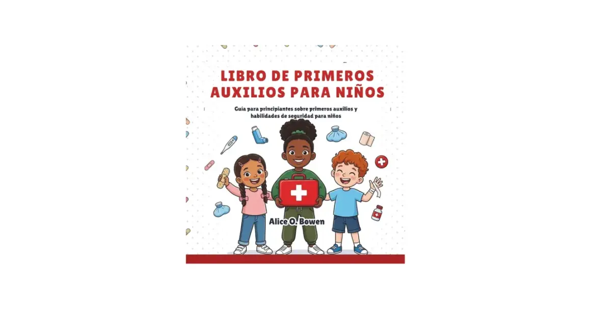 Ilustración de un libro sobre **primeros auxilios para niños**. Tres niños sonríen, uno con un botiquín rojo.