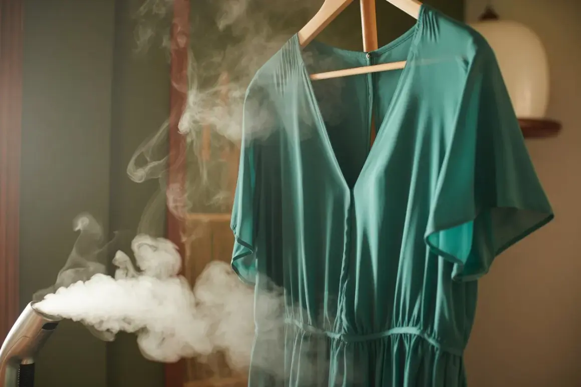 Vestido verde de rayon viscosa colgado en percha, vaporizado para eliminar arrugas.
