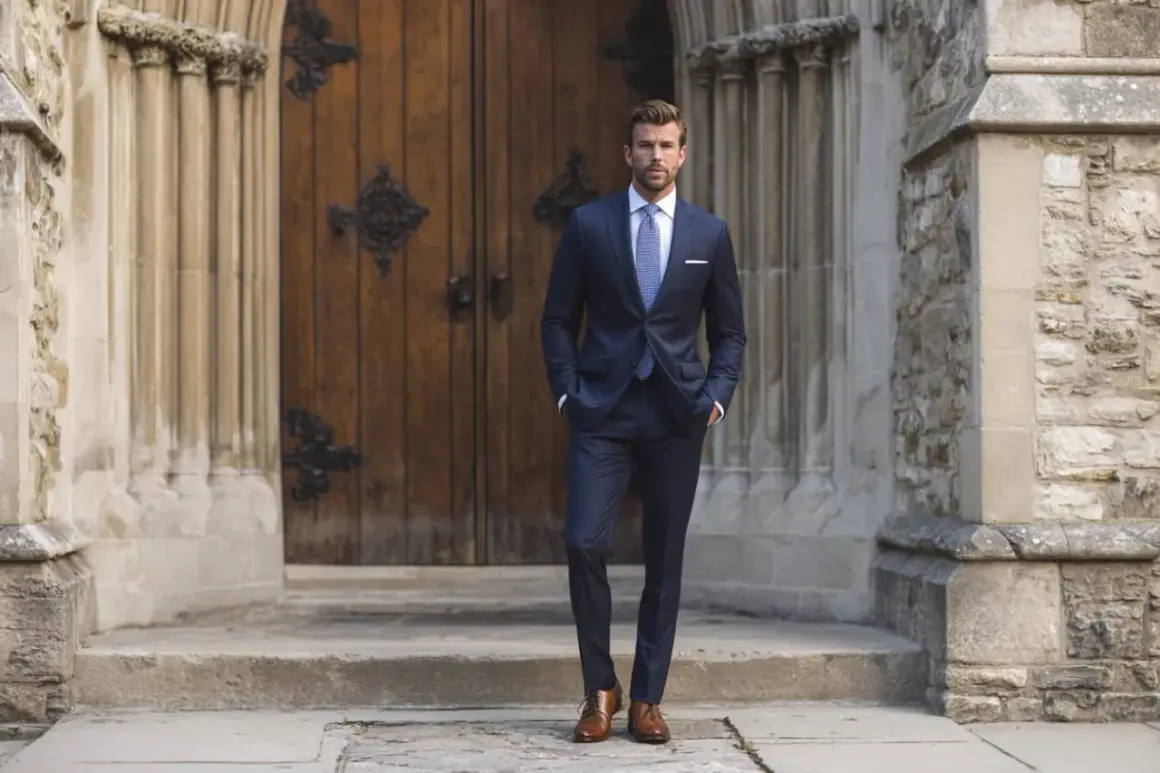 Hombre con traje azul marino, camisa blanca y corbata a cuadros, listo para saber qué hay que llevar a la iglesia para un bautizo.