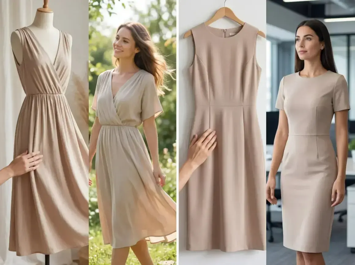 Vestidos elegantes de poliéster y viscosa. Uno en maniquí, otro en exterior, uno colgado y otro en oficina.