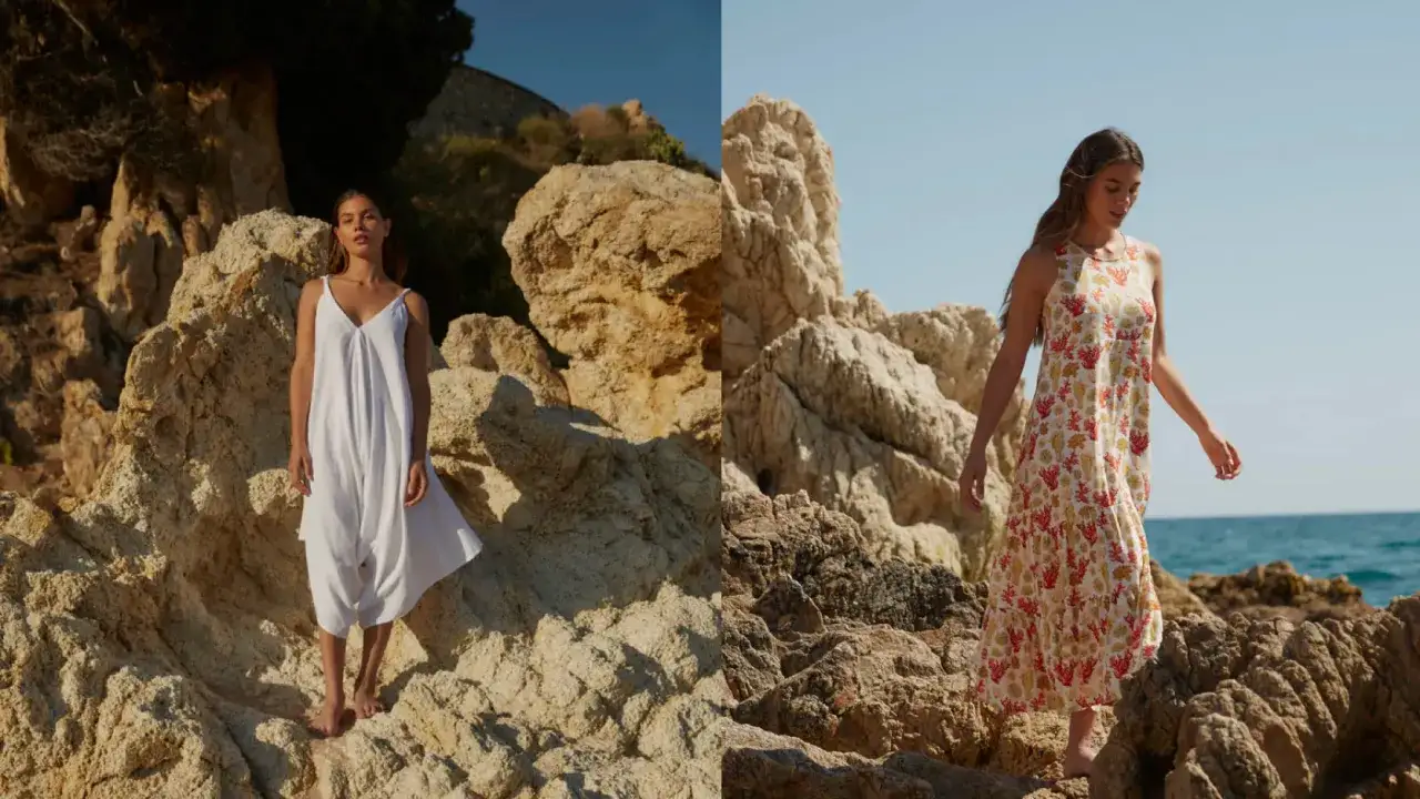 Mujer con ropa de viscosa blanca y otra con vestido estampado de coral, posando entre rocas en la costa.