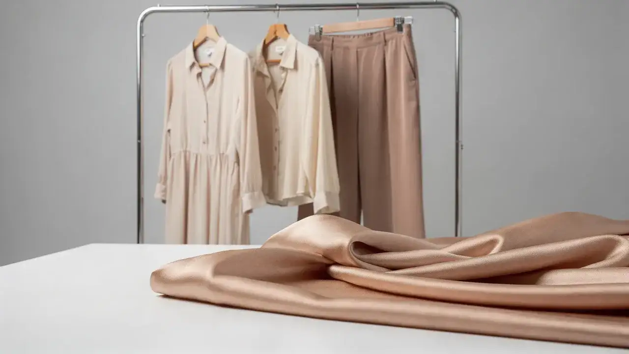 Elegante conjunto de ropa en tonos neutros, incluyendo un vestido, camisa y pantalones, confeccionados en suave 100% viscosa.