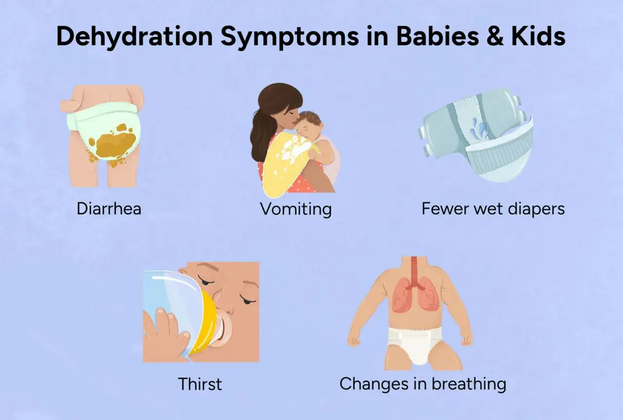 Síntomas de deshidratación en niños: diarrea, vómitos, sed, menos pañales mojados y cambios en la respiración.