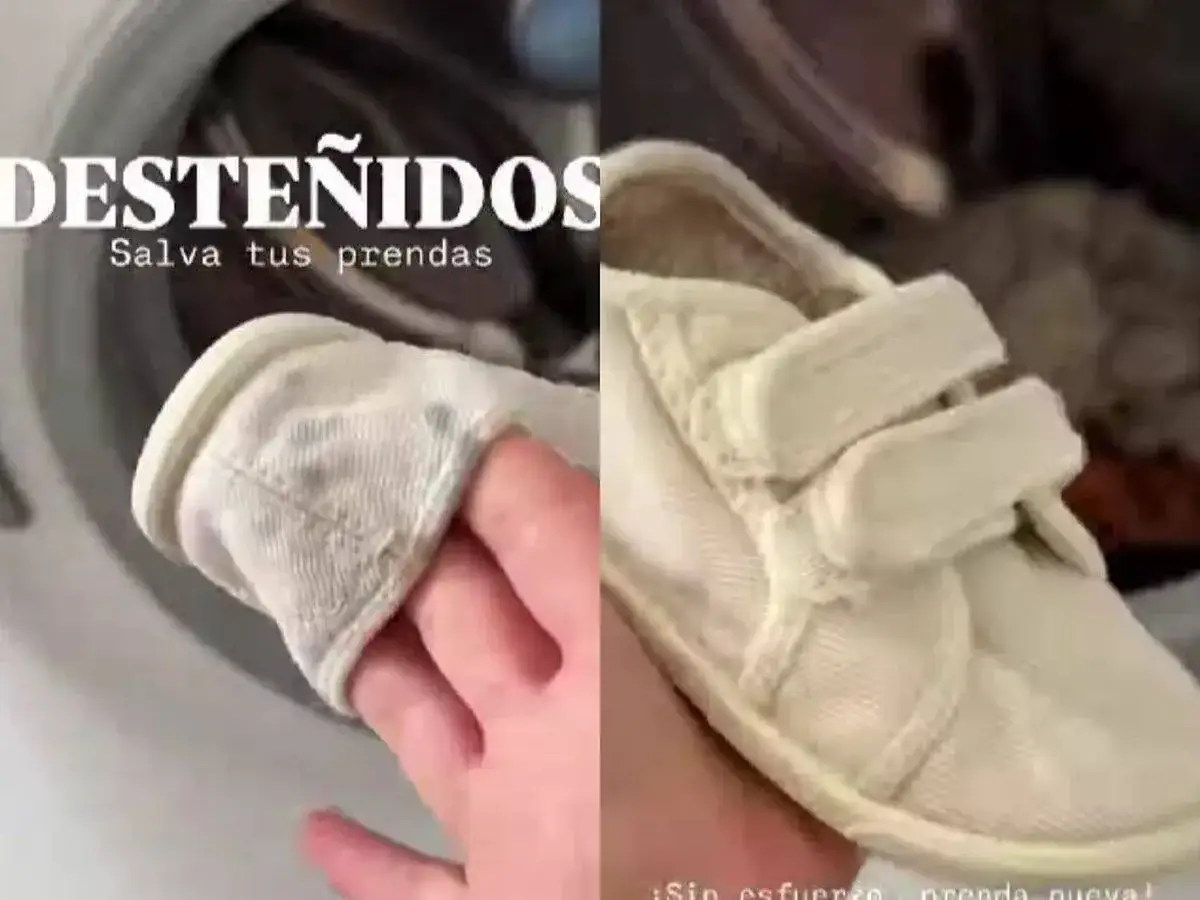 C&oacute;mo quitar el deste&ntilde;ido de la ropa de color: una mano muestra una prenda blanca descolorida y un zapato blanco restaurado.