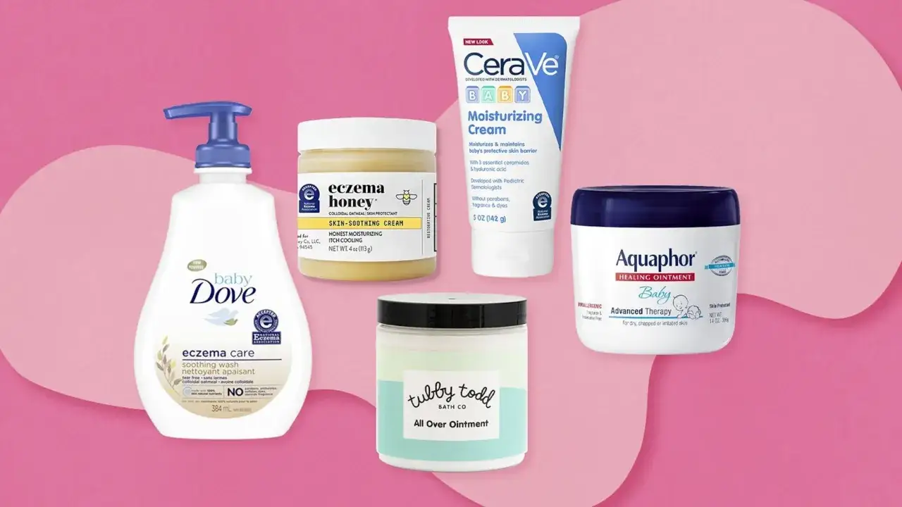 Productos para el cuidado de la piel de beb&eacute;s con eccema: jab&oacute;n Dove, crema Eczema Honey, CeraVe Baby y Aquaphor.
