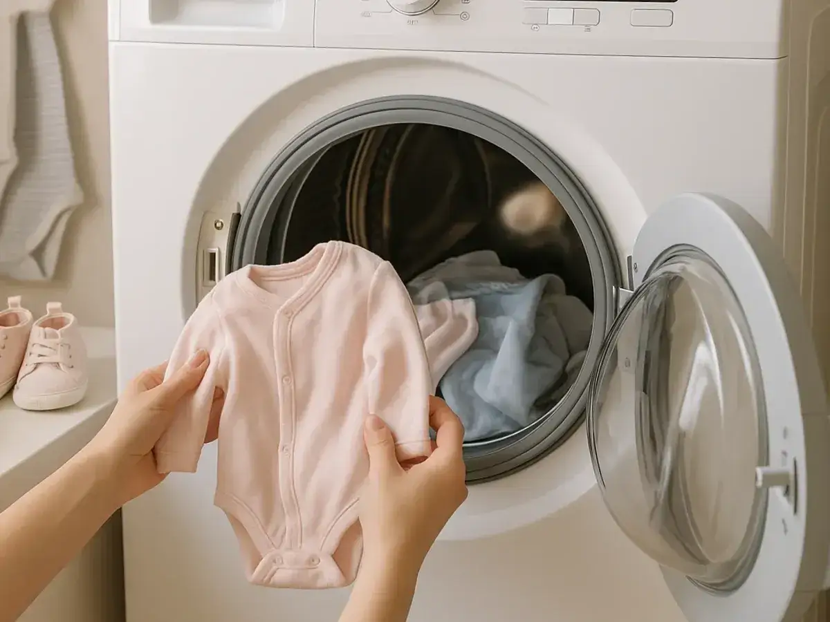 Manos sostienen un mameluco rosa para beb&eacute;, listo para meterlo en la secadora. Ropa de beb&eacute; secadora.