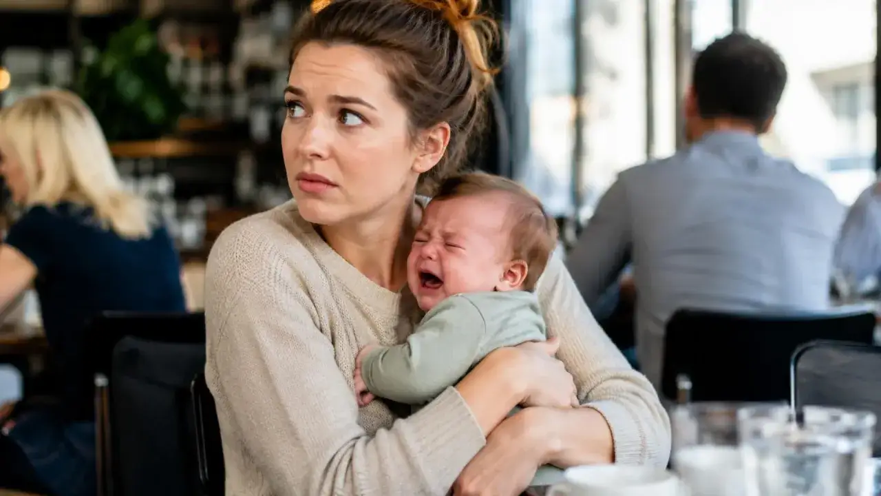 Madre preocupada abraza a su beb&eacute;. Mi beb&eacute; llora con mucha rabia, mientras otras personas comen en el restaurante.