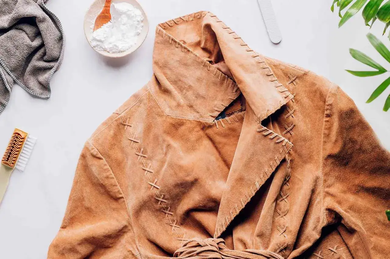 Chaqueta de ante marr&oacute;n con detalles de costura. A su lado, un pa&ntilde;o, un cepillo, un cuenco con polvo blanco y una lima. &iquest;Se puede lavar una chaqueta de ante en la lavadora?