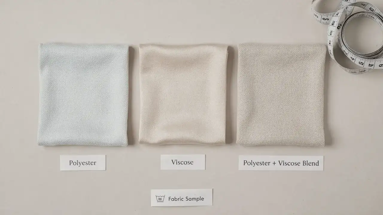 Muestras de tela: poliéster azul claro, viscosa beige y mezcla de poliéster y viscosa. Cinta métrica enrollada.