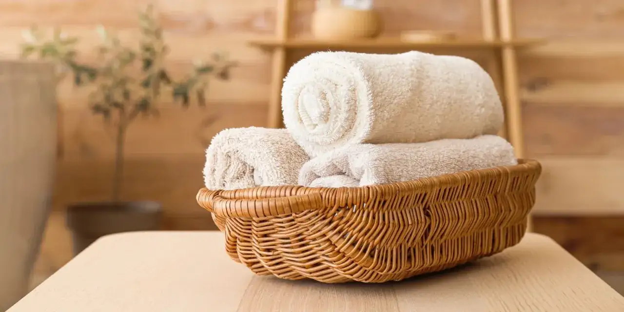 Cesta de mimbre con toallas suaves y con buen olor, listas para un momento de relajaci&oacute;n.