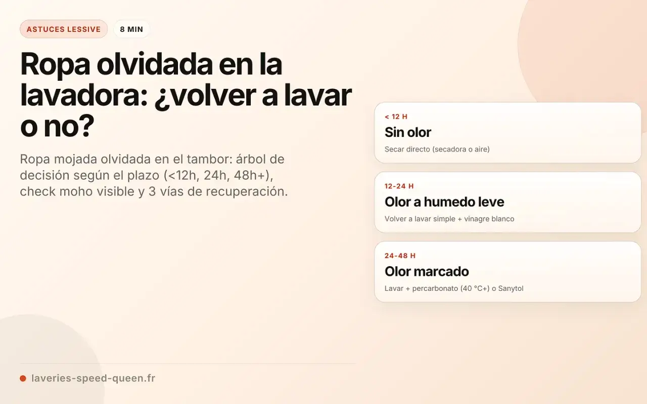 &iquest;Cu&aacute;nto tiempo puede estar la ropa en la lavadora? Gu&iacute;a para ropa olvidada: sin olor (<12h), olor leve (12-24h), olor marcado (24-48h).