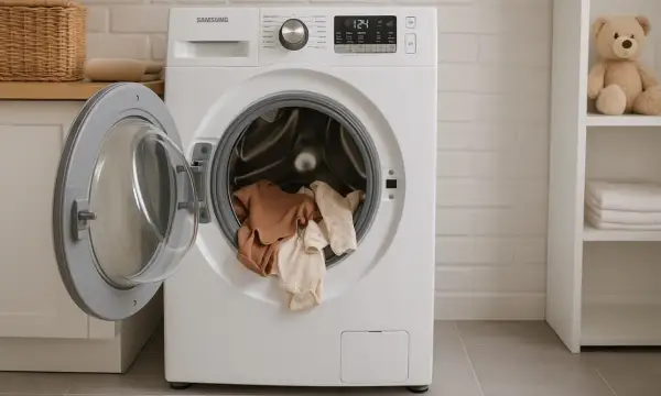Lavadora Samsung con ropa de bebé lista para lavar. La puerta abierta muestra varios bodies de algodón en tonos tierra y pastel.