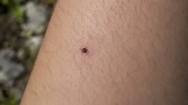 Una garrapata adherida a la piel. Aprende cómo quitar una garrapata correctamente para evitar infecciones.