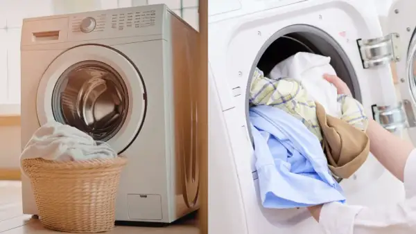 Lavadora con poca ropa en la cesta. Es malo poner la lavadora con poca ropa, desperdicia agua y energía.