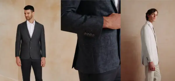 Tres hombres con trajes de lino, ideal para saber como ir a un bautizo informal hombre verano.