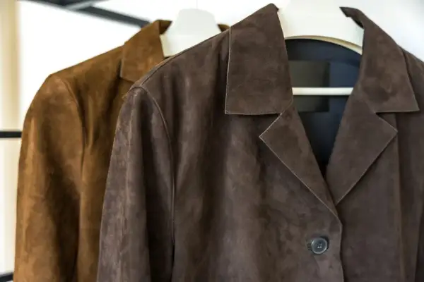 Dos chaquetas de ante, una marrón y otra café, colgadas en perchas. ¿Sabías que se puede lavar una chaqueta de ante en la lavadora?
