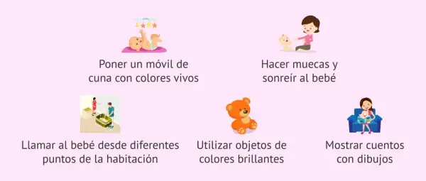 Ideas para estimular a un bebé cuando empieza a ver: móvil de cuna, sonrisas, objetos brillantes, cuentos.