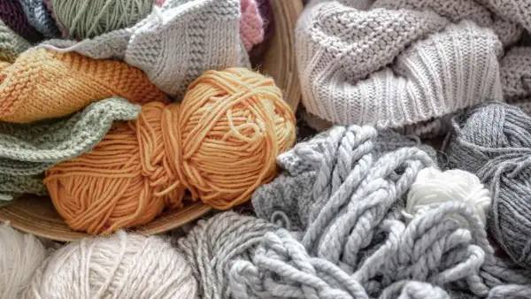 Ovillos de lana y tejidos en tonos grises, ocres y verdes. Una muestra de la suavidad y calidez que ofrece la alpaca textil.