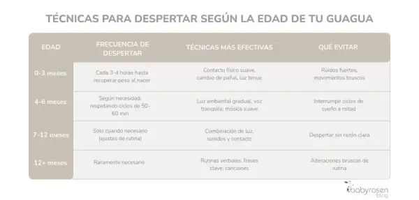 Guía sobre como despertar a un bebe según su edad. Incluye técnicas efectivas y qué evitar para cada etapa, desde recién nacidos hasta más de 12 meses.