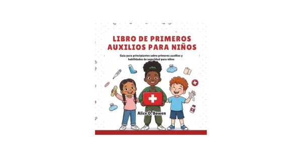Ilustración de un libro sobre **primeros auxilios para niños**. Tres niños sonríen, uno con un botiquín rojo.