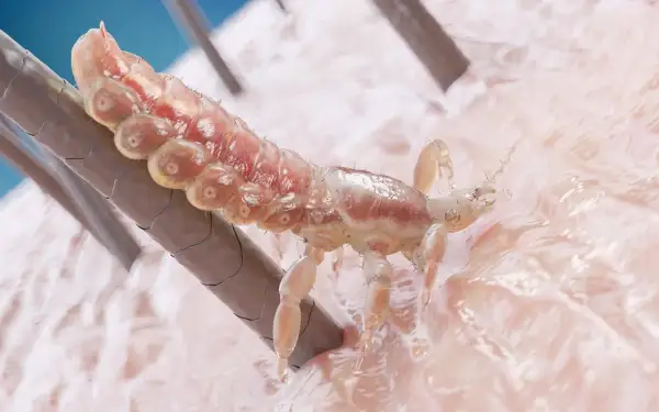 Un piojo se aferra a un cabello, mostrando su cuerpo segmentado y patas. Se aprecian detalles de su anatomía, sugiriendo la presencia de liendres.