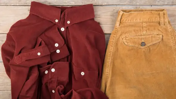 Conjunto de pana: camisa burdeos y pantalón mostaza. La pana es un tejido suave y resistente, ideal para el frío.