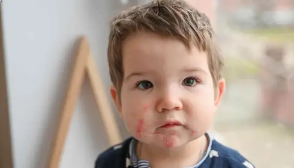 Bebé con sarpullido en la cara, posible sarpullido por alergia alimentaria.