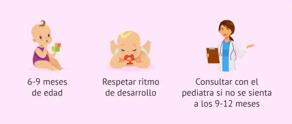 Bebé de 6-9 meses jugando, otro bebé boca abajo y una pediatra. Si un bebé no se sienta a los 9-12 meses, consultar con el pediatra.